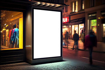 Mock-up of blank billboard at store street showcase window in a city at night. Generative ai - obrazy, fototapety, plakaty