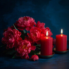 Fototapeta premium Mourning flowers red peonies on a dark background, black candles in the form of a bouquet for condolences, generated by ai