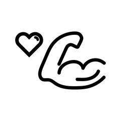 Muscle training icon. Upper arm biceps and heart mark. Vector.