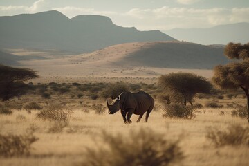 AI Generative - Wild African Adventure Encounter the Majestic Black Rhino! - obrazy, fototapety, plakaty