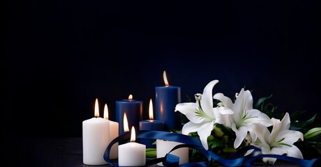 Mourning flowers white lilies and candles on a dark background in the form of a bouquet for condolences, generated by ai - obrazy, fototapety, plakaty