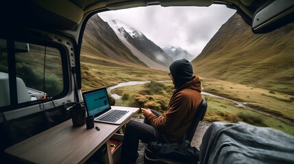 A digital nomad working on a laptop from the comfort of a cozy camper van parked in a scenic mountain landscape. Generative Ai.
