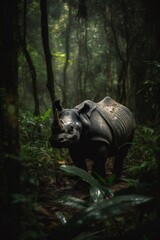 AI Generative - Rare Encounter Javan Rhino Emerges from Jungle