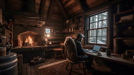 A digital nomad working remotely with laptop from a cozy cabin in the woods with a fireplace and a cup of coffee, enjoying the peaceful surroundings. Generative Ai.