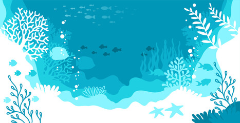 Horizontal blue background. Underwater marine life of a coral reef. World oceans day