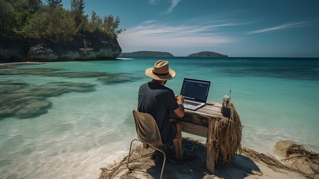 A digital nomad working on a laptop while sitting on a beautiful beach with turquoise water in the background. Generative Ai.