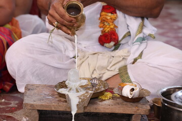 Performing Pooja for Hindu god siva linga with milk, honey and coconut water