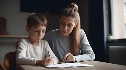 Cute child education at home, pupil study, home studying, have homework at distance learning. Lifestyle concept for home schooling. Mother helps her child. Generative ai.