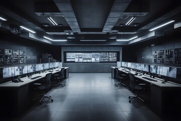 Fototapeta premium Empty interior of big modern security system control room, workstation with multiple displays, monitoring room with at security data center Empty office, desk, and chairs. Generative Ai.