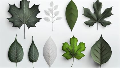 Fototapeta premium Topical Green Leafs set in solid white background Ai generated image
