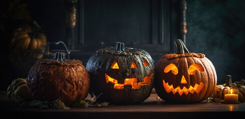 Halloween pumpkin head jack lantern on wooden background. Halloween background. Generative AI