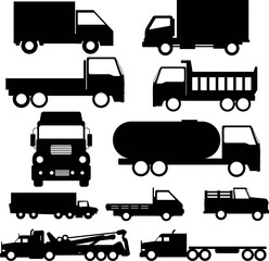 Set of differents truck icons, silhouette vector illustration
