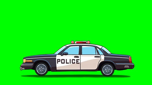 Police car driving with turned lights, loop animation on green background.