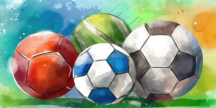 Soccer and basketball on grass, watercolor painting, generative ai