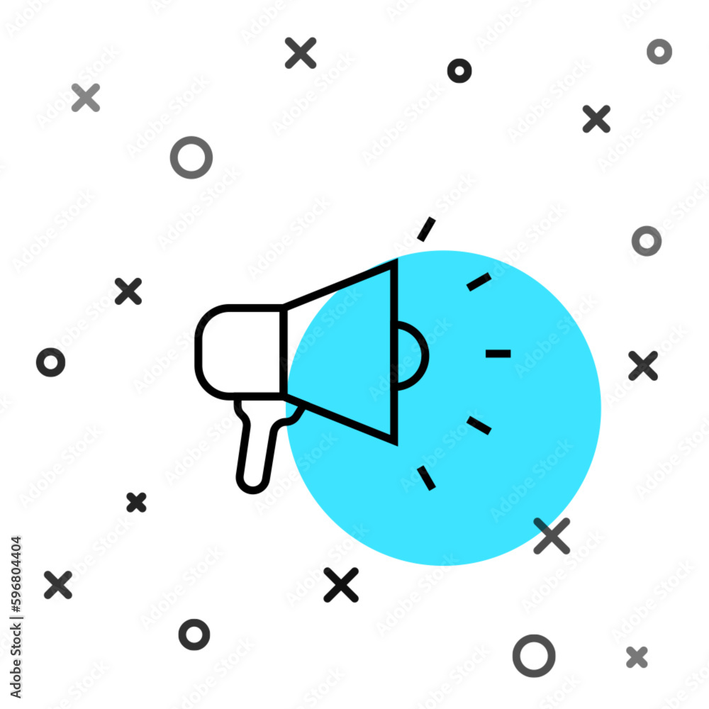 Poster black line megaphone icon isolated on white background. speaker sign. random dynamic shapes. vector
