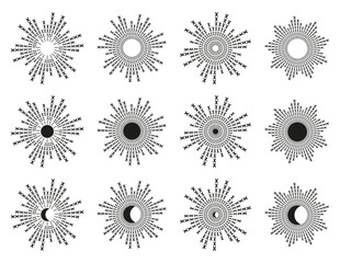 Knit bursting sun rays. Fireworks. Black line sun, moon, star 12 illustrations set. Doodle design elements collection. Isolated vector on white background