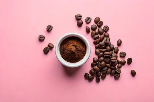 flat lay coffee powder and coffee beans isolated on pink background