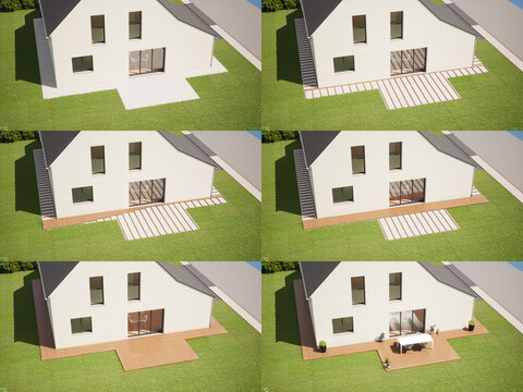Terrasse en bois, six étapes d'avancée des travaux de mise en œuvre d'un aménagement extérieur, rendu 3d