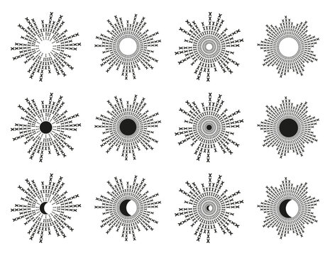 Knit bursting sun rays. Fireworks. Black line sun, moon, star 12 illustrations set. Doodle design elements collection. Isolated vector on white background