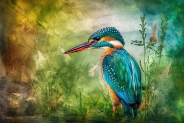 Colorful birds in nature, watercolor painting, generative ai