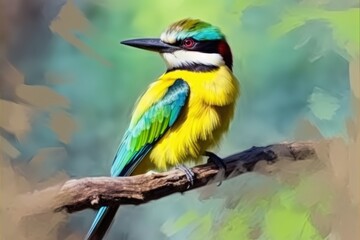 Fototapeta premium Colorful birds in nature, watercolor painting, generative ai
