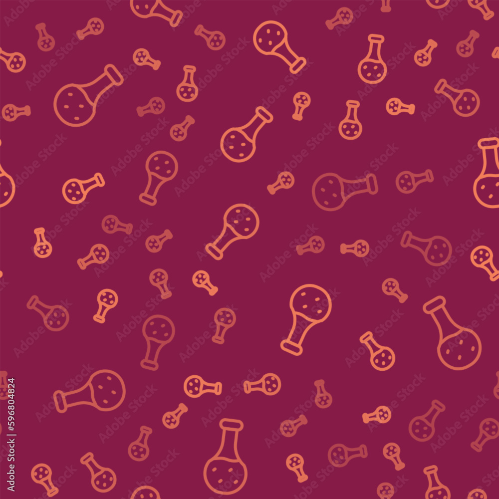 Poster brown line test tube and flask chemical laboratory test icon isolated seamless pattern on red backgr