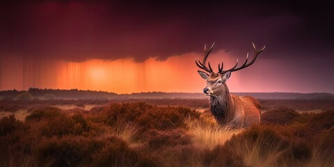 Bull stag elk deer at sunset, generative ai