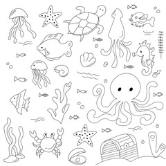 Doodle set of underwater animals. Kids coloring book page. Underwater world. Sea bottom.  Octopus, crab, jellyfish, fish, corals, seaweed. Hand drawn elements. Line art.