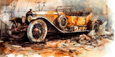 Oldschool formula racing car watercolor painting, generative ai