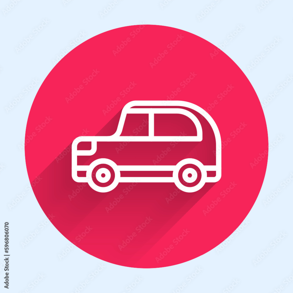 Poster white line car icon isolated with long shadow background. red circle button. vector