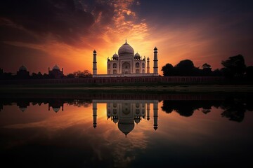 Fototapeta na wymiar Taj mahal at sunset, generative ai