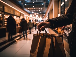 A person's hand holding a shopping bag with a blurred mall or shopping center background.