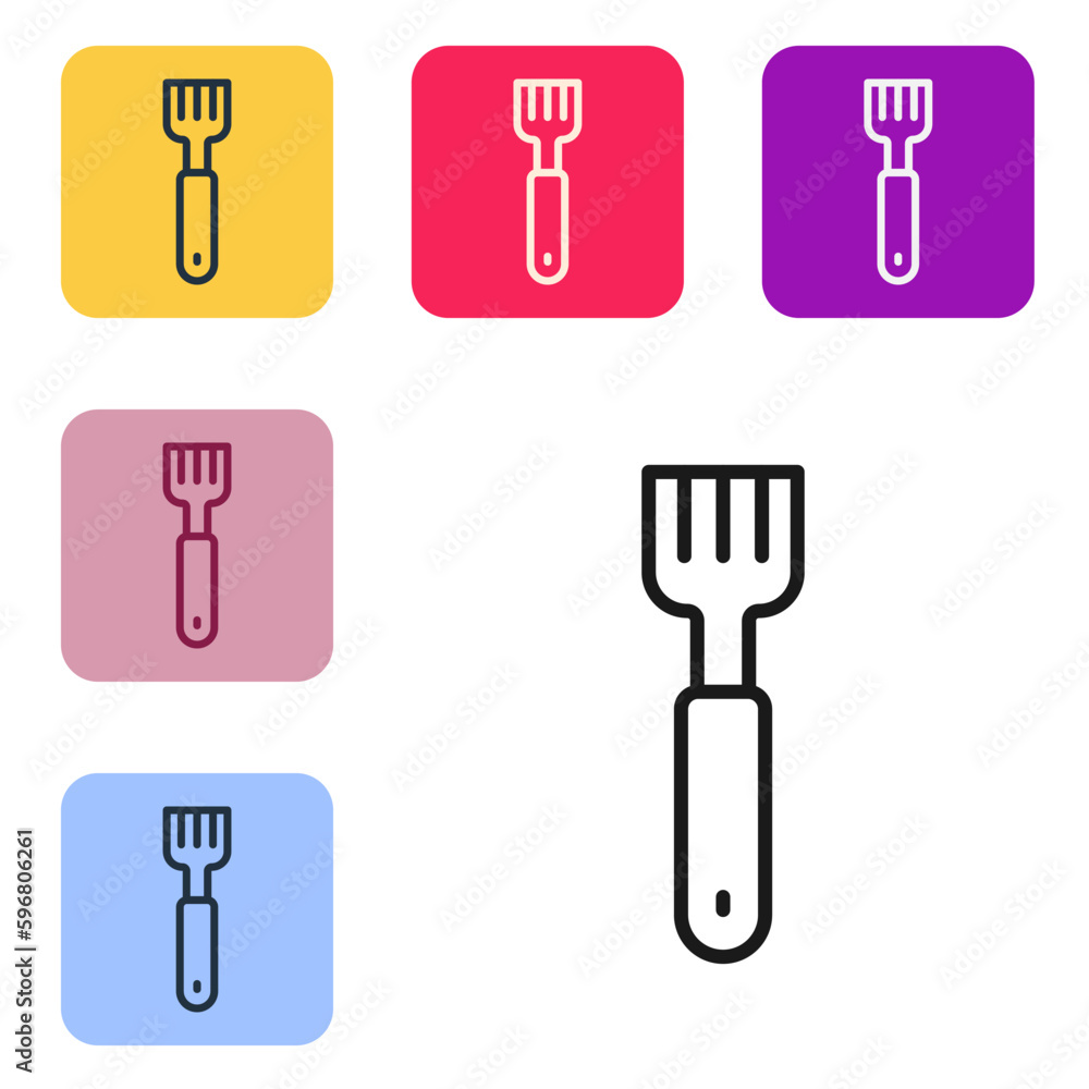 Poster black line fork icon isolated on white background. cutlery symbol. set icons in color square buttons