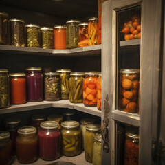 Fototapeta na wymiar jars of canned vegetables are on a shelf in the pantry- AI