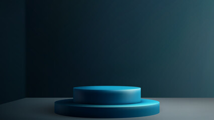 Blue round podium. Stage and 3D platform in studio room.Empty pedestal minimal concept. Advertising, presentation, product promotion.