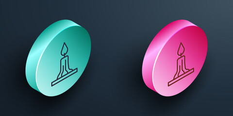 Isometric line Burning candle in candlestick icon isolated on black background. Cylindrical candle stick with burning flame. Turquoise and pink circle button. Vector