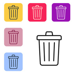 Black line Trash can icon isolated on white background. Garbage bin sign. Recycle basket icon. Office trash icon. Set icons in color square buttons. Vector