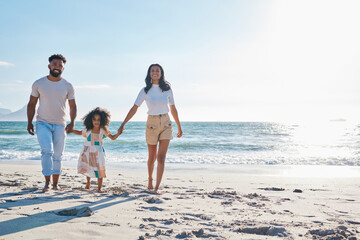 A walk in the sunshine. Full length shot of an affectionate young family of three taking a walk on the beach.