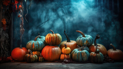 Pumpkins in the spooky forest in the moonlight. Halloween background. Generative AI