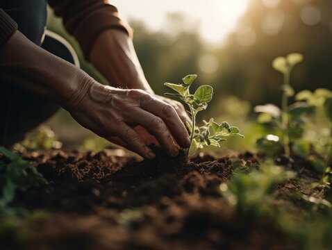 Close-up of hands holding a plant and planting it in a garden with a blurred background of other plants.
