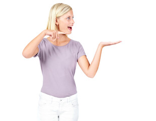 Announcement, smile or woman pointing in studio on isolated transparent png background. Wow, hands...