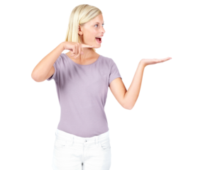 Announcement, smile or woman pointing in studio on isolated transparent png background. Wow, hands and excited female with offer, good news and message or discount, hand gesture and promotion deal