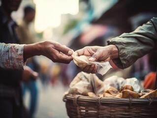 Hands exchanging cash and product in a transaction with a blurred street vendor or market background