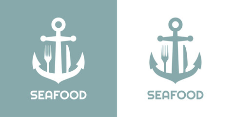 Logo restaurante con texto Seafood con silueta de ancla de barco con tenedor y cuchillo