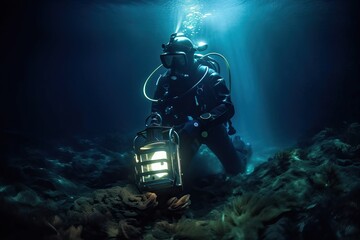 Underwater driver on the bottom of the sea with a lantern to illuminate the bottom and the path,generative AI.