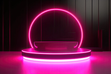 pink neon lights on podium, backdrop, generative ai illustration