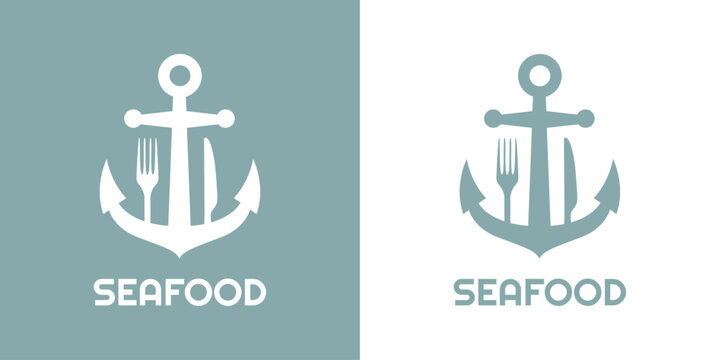 Logo restaurante con texto Seafood con silueta de ancla de barco con tenedor y cuchillo