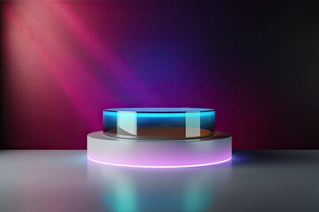 Glass podium with color reflections on a purple background with copy space, generative ai illustration