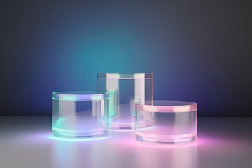 Elegant glass exhibit podiums for product exhibition with color reflection and copy space, generative ai illustration