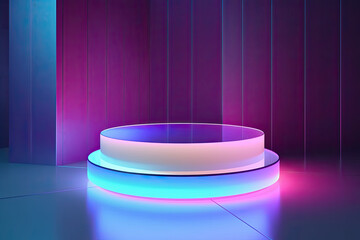 Modern exhibit podium with neon lights and copy space, generative ai illustration